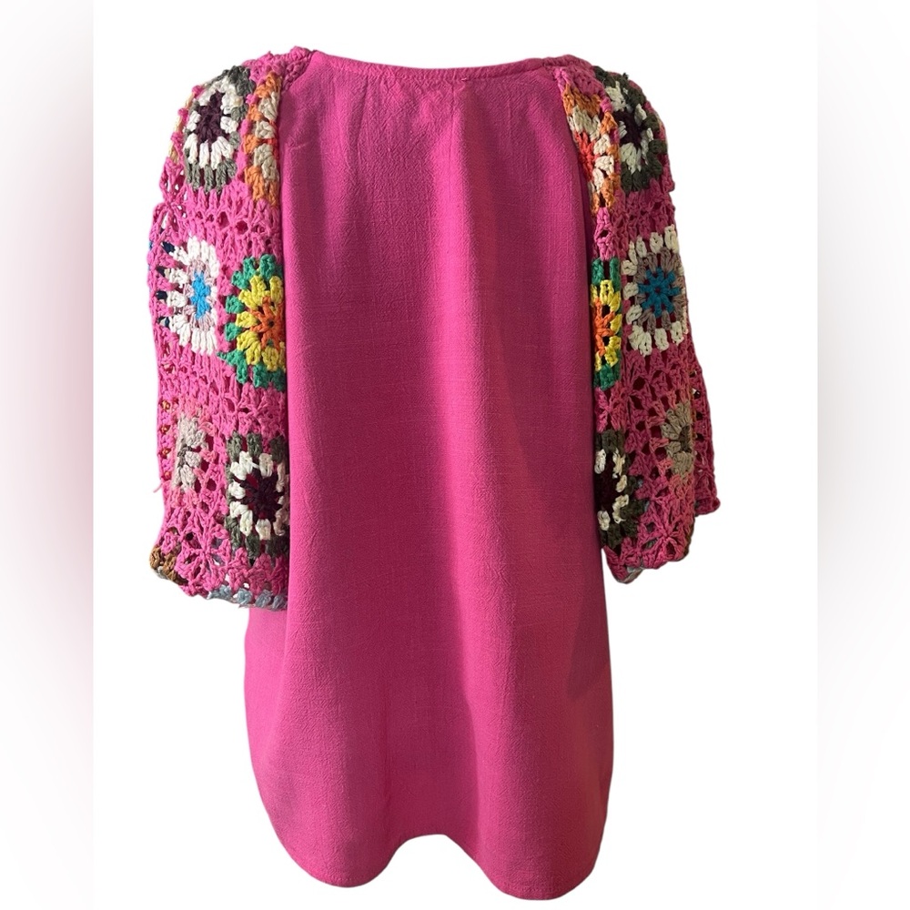 Umgee Pink with Colorful Flower Crochet Sleeves Women Medium Blouse - Picture 5 of 7